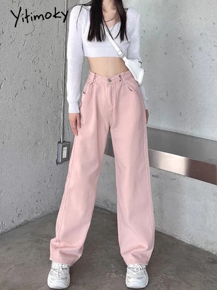 Yitimuceng  Jeans Woman High Waist Denim Pants Wide Leg Denim Clothing Female Pink Vintage Straight Baggy Straight Mom Jeans